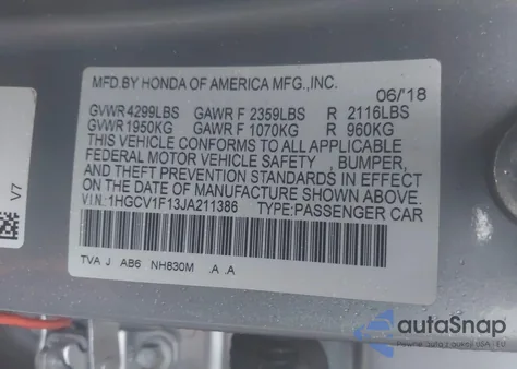 2018 Honda Accord Lx из США, поврежденный, VIN 1HGCV1F13JA211386